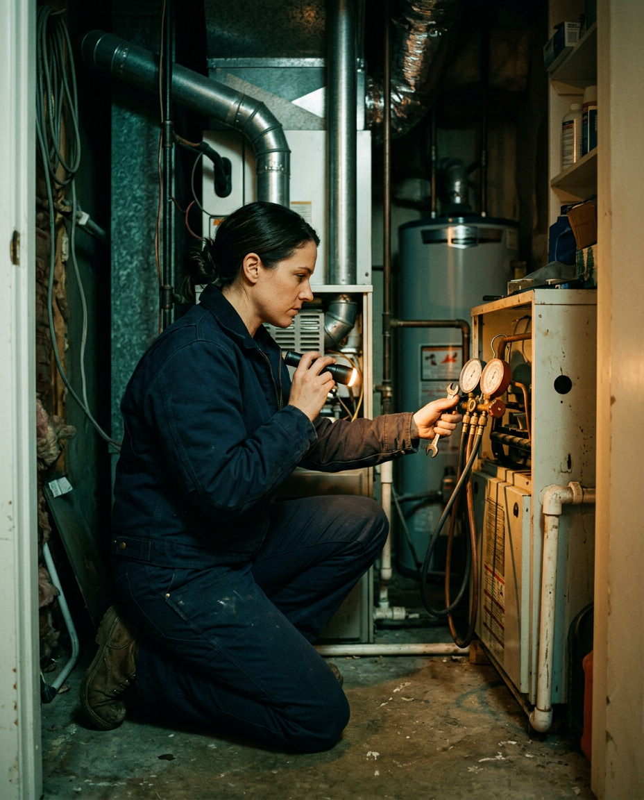 An HVAC technician checking a furnace gauge in a home utility closet
