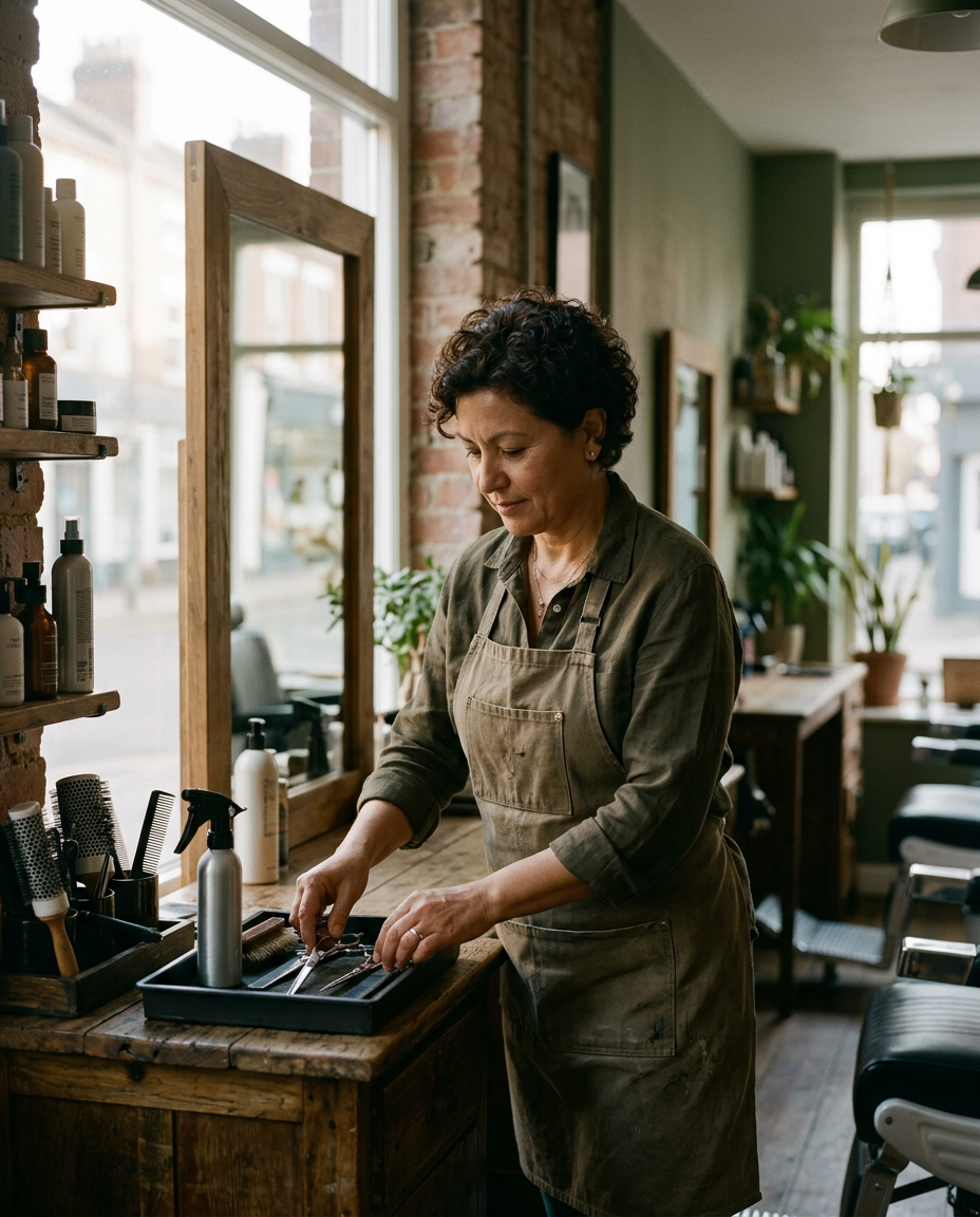 A salon owner arranging tools at her station before opening